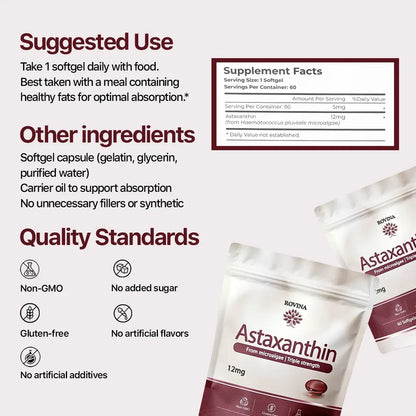 Astaxanthin 12mg Softgels, Triple Strength Antioxidant, 60 Ct | Triple Strength Antioxidant from Microalgae; supports eye, skin, immune & joint health; Non-GMO, Gluten Free, 60 ct